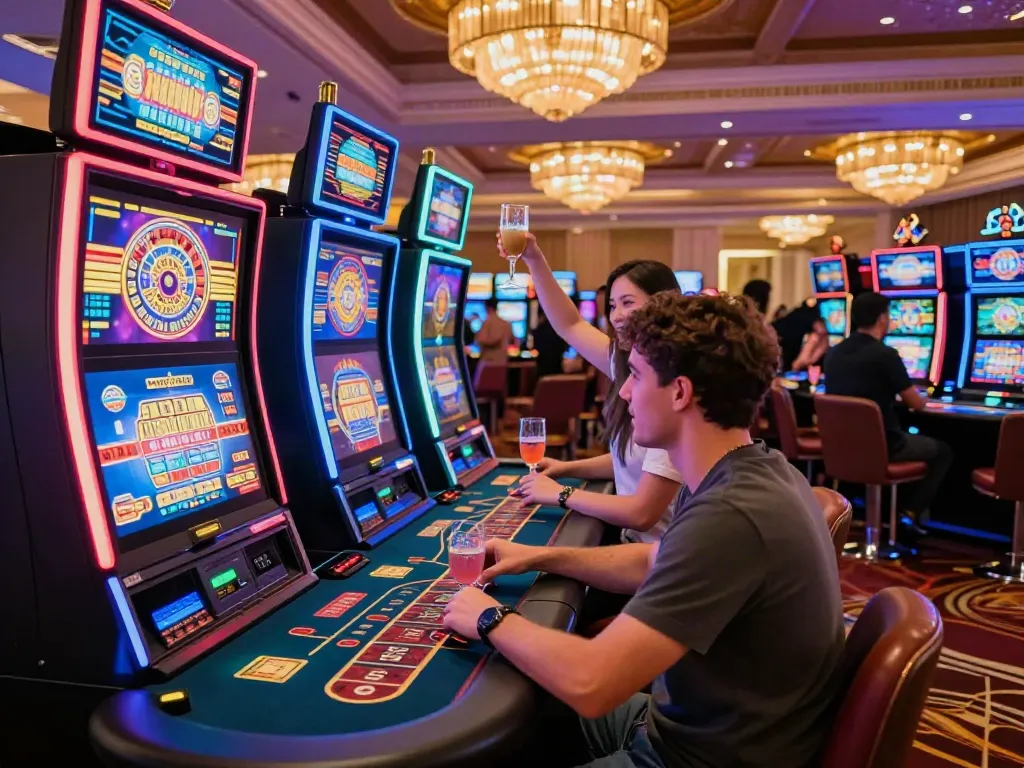 Exciting scene at a casino not on Gamstop UK with players enjoying various gaming options.