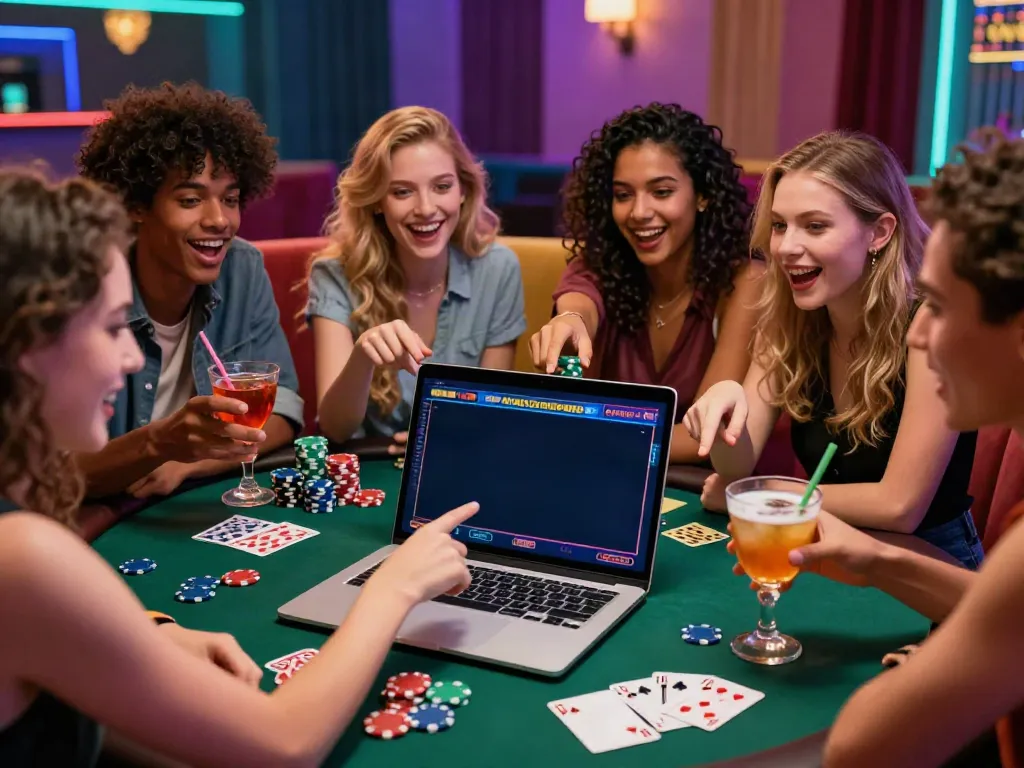 Group of friends enjoying a casino not on gamstop uk experience with games on laptop and drinks.