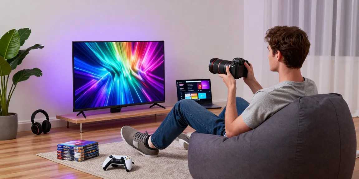Enjoying vibrant gaming graphics on a mini LED TV in a cozy tech setup, with accessories and ambient lighting.