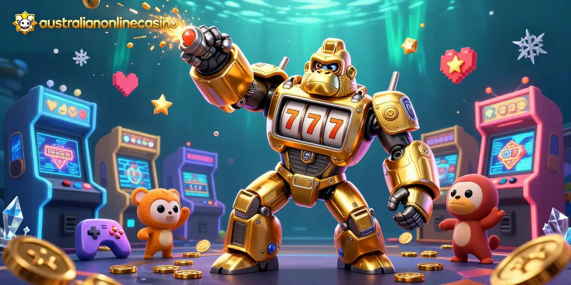 Experience excitement at australianonlinecasino with a golden gorilla mech amidst dynamic gaming elements.