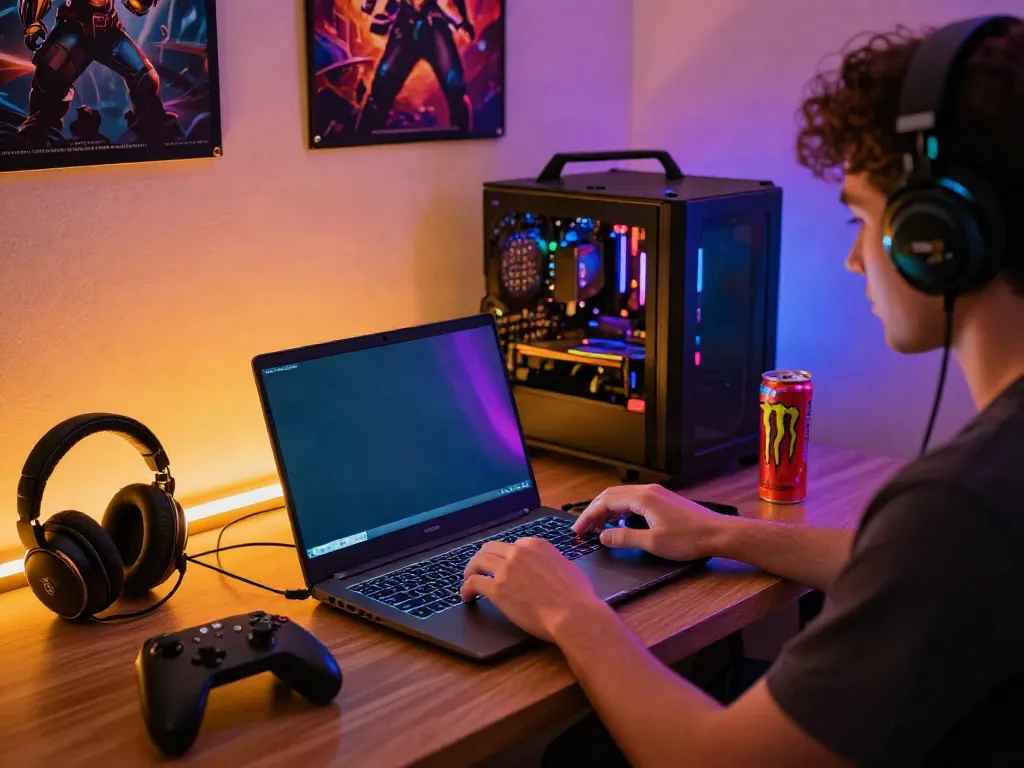Engaging scene of a player enjoying casino not on gamstop uk games at home with colorful graphics and gaming accessories.