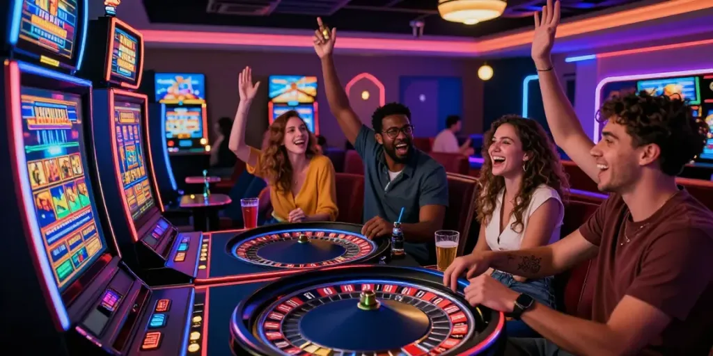 Casino not on gamstop uk friends enjoying vibrant gaming atmosphere