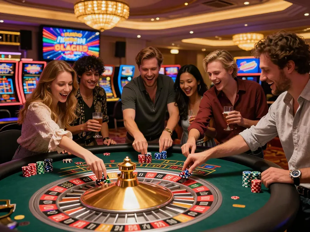 Exciting scene of friends enjoying gaming at a casino not on Gamstop UK.