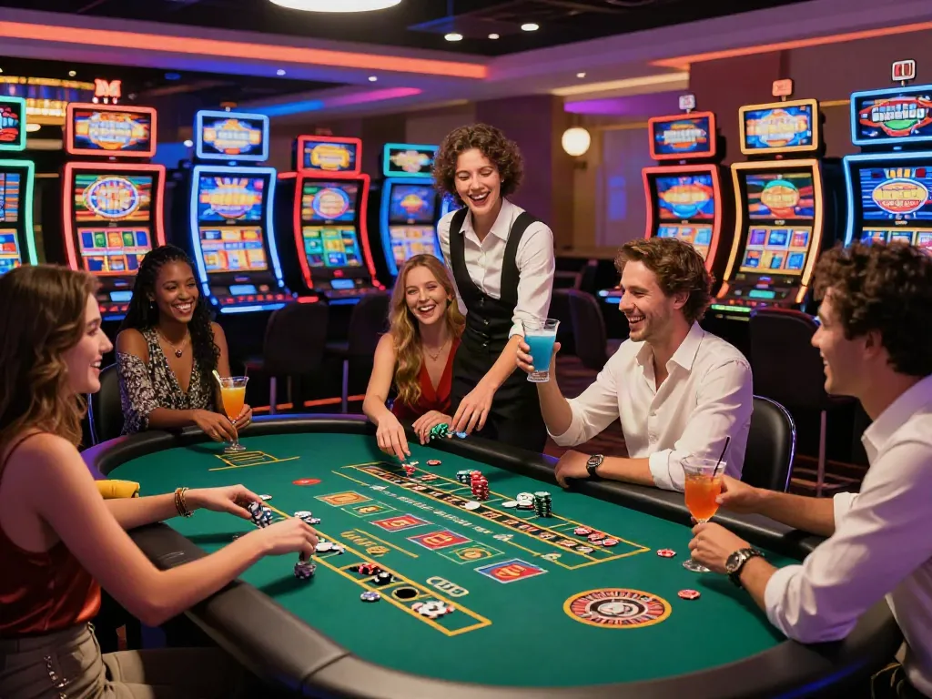 Exciting scene at a casino not on Gamstop UK, friends celebrating wins with cocktails and vibrant decor.