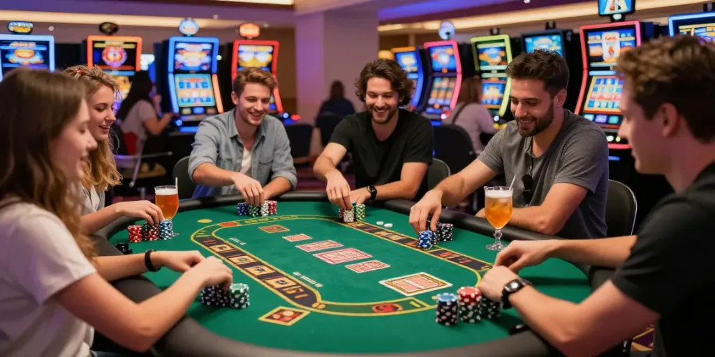 Casino gaming experience in the UK, featuring friends enjoying games at a casino not on gamstop uk.
