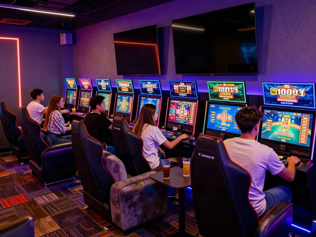 Friends enjoying gaming machines with casino not on gamstop uk in vibrant lounge atmosphere.
