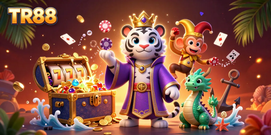 Experience thrilling action at TR88 with a vibrant illustration of a tiger, a monkey and a dragon in a lively casino scene.