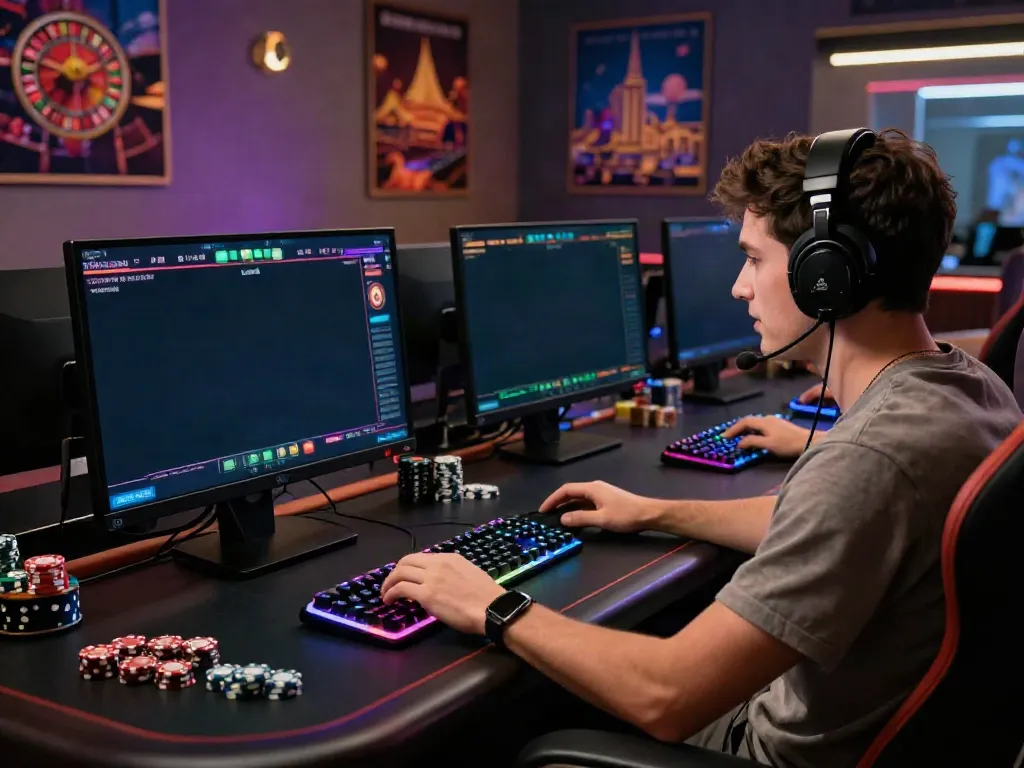 A player at a computer engaged with a casino not on gamstop uk interface, surrounded by a cozy gaming setup and vibrant casino atmosphere.
