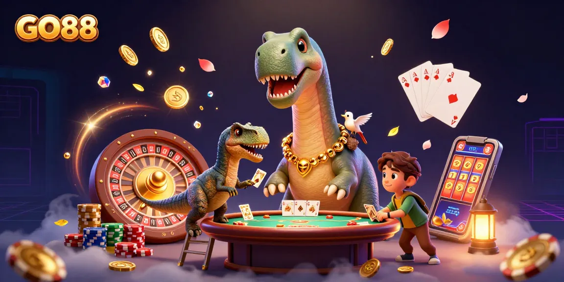 Experience thrilling gameplay at GO88 with a whimsical dinosaur-themed casino scene showcasing vibrant elements.