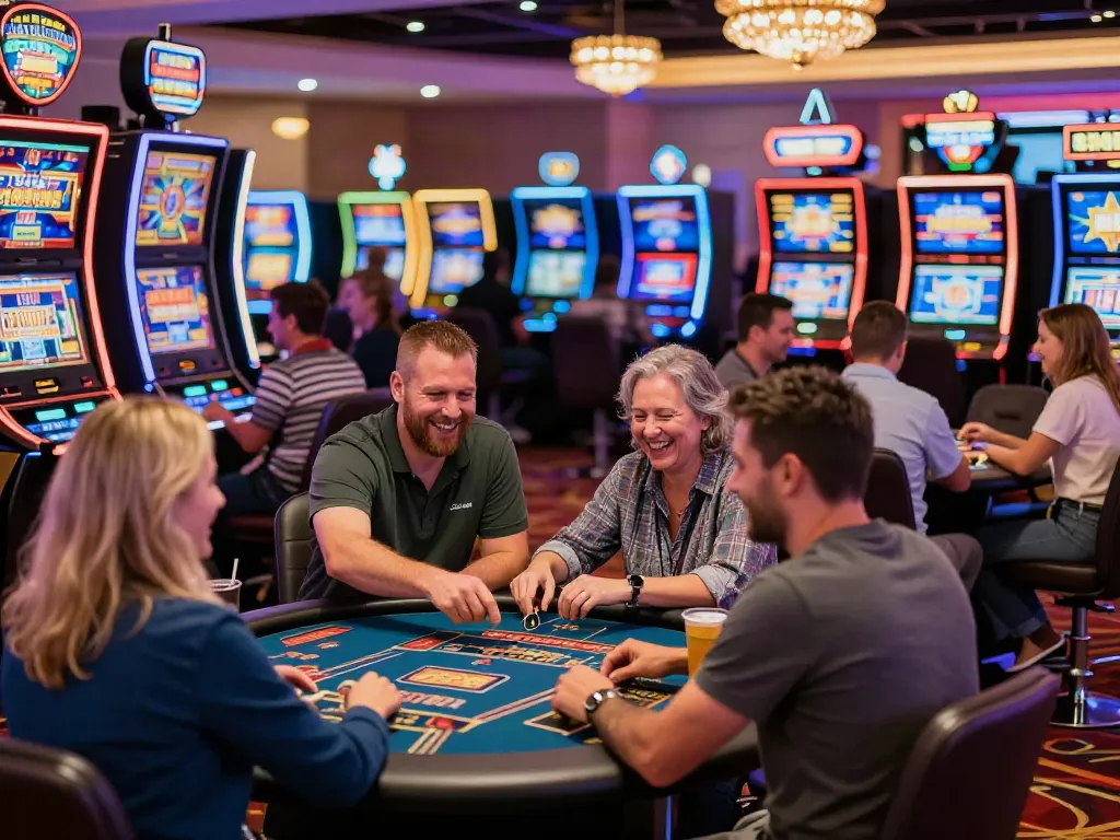 Players enjoying games at a casino not on gamstop uk, vibrant atmosphere with slot machines.