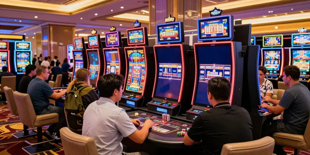 Casino not on gamstop uk vibrant gaming scene with players at slot machines, lively atmosphere and neon lights.