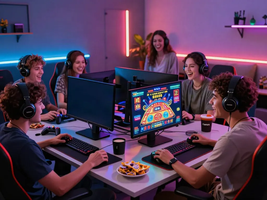 Friends enjoying casino games not on Gamstop UK in a lively setting.
