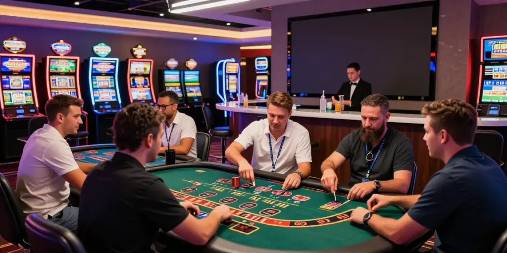 Exciting casino not on GamStop UK gaming scene with vibrant tables and neon lights.