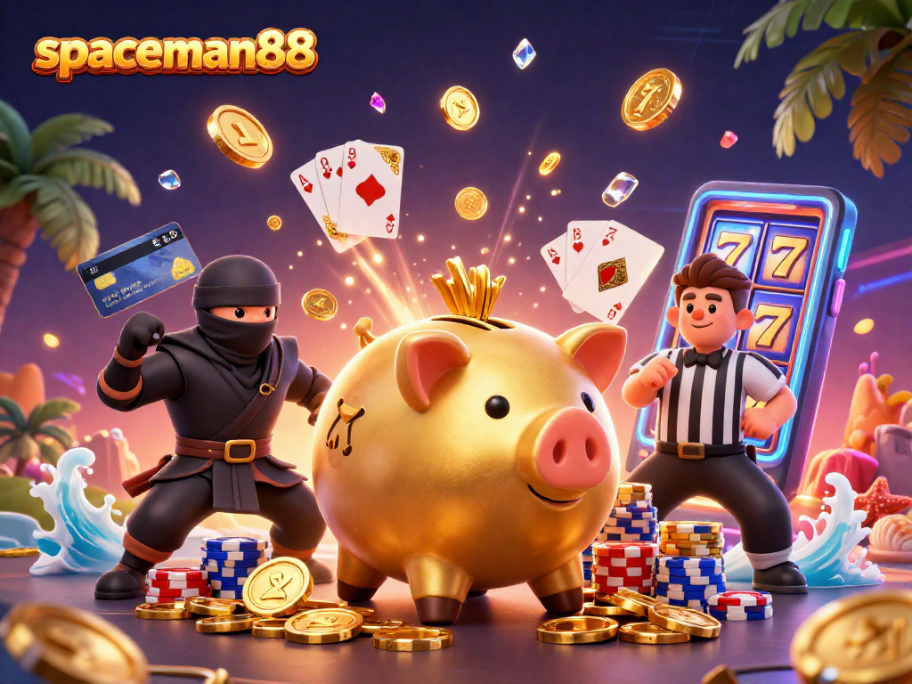 spaceman88 explores thrilling slot action with a golden piggy bank sumo wrestler in an exciting casino scene