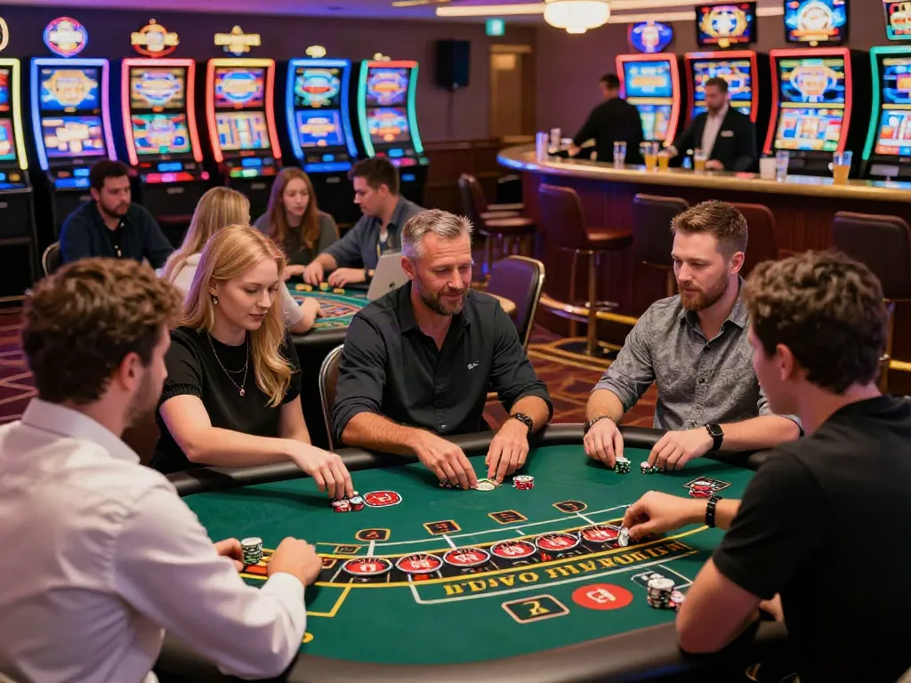 Exciting gaming atmosphere at a casino not on GamStop UK with players at tables and vibrant lights.