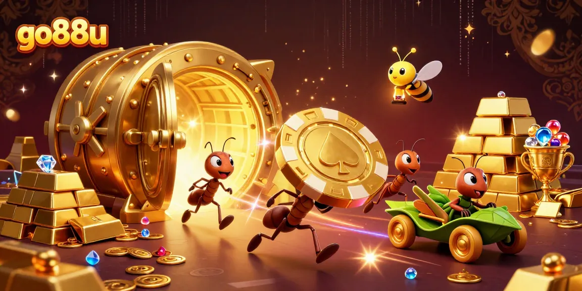 Experience the thrill of go88u with ants heisting a giant poker chip, surrounded by treasures and excitement.