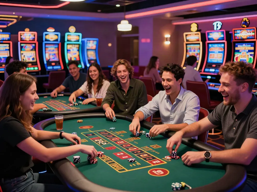 Exciting casino scene featuring friends gaming at tables, casino not on gamstop uk.
