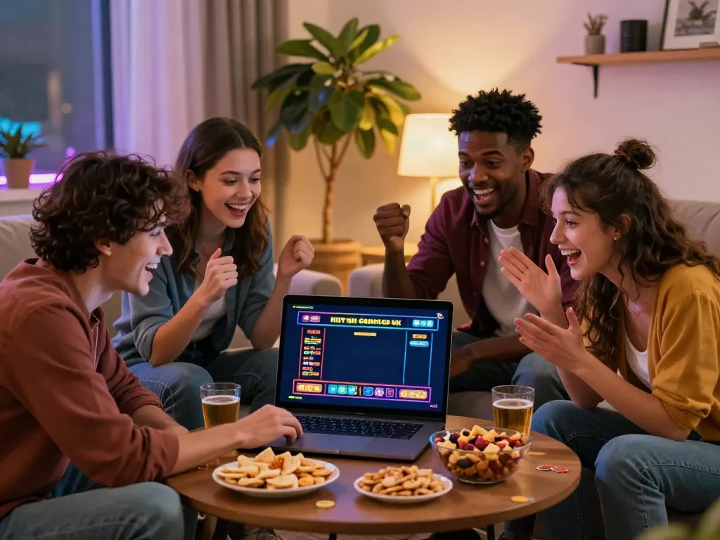 Friends joyfully playing games at a casino not on Gamstop UK in a cozy living room.