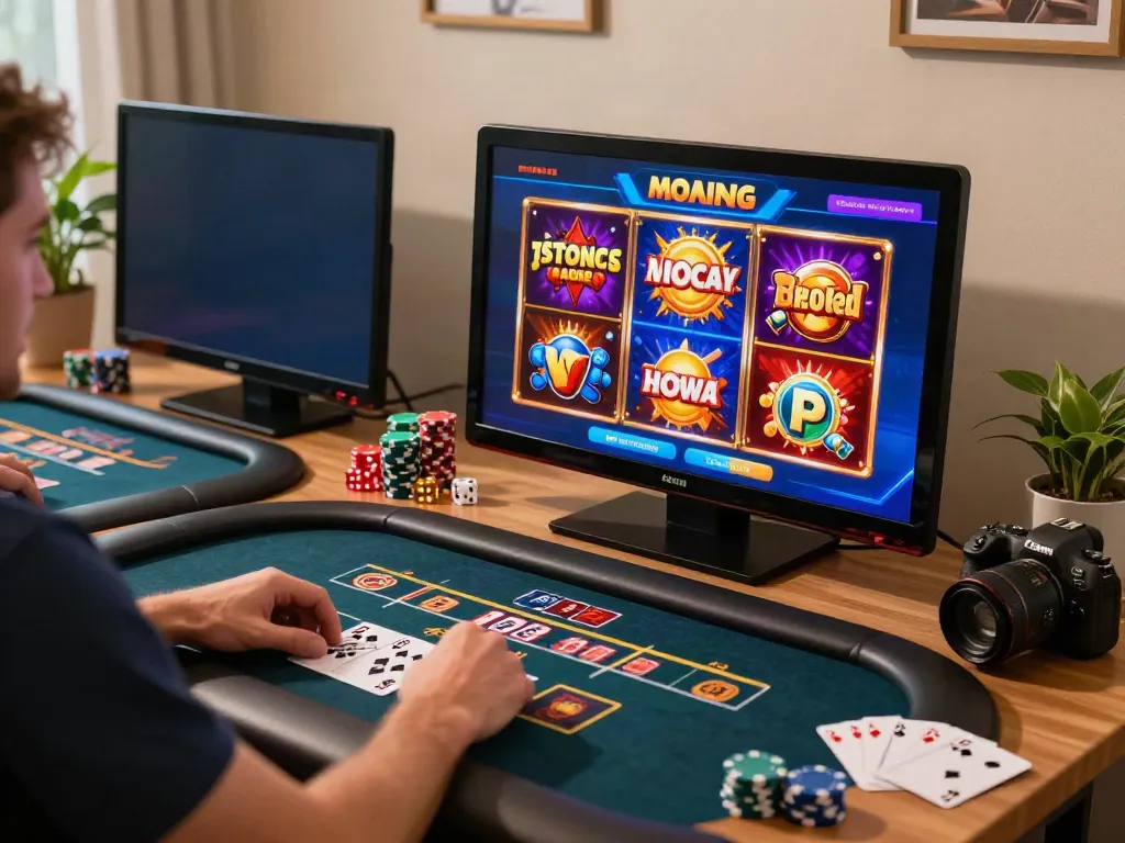 Engaging player exploring casino not on gamstop uk options at a stylish home setup with vibrant gaming atmosphere.