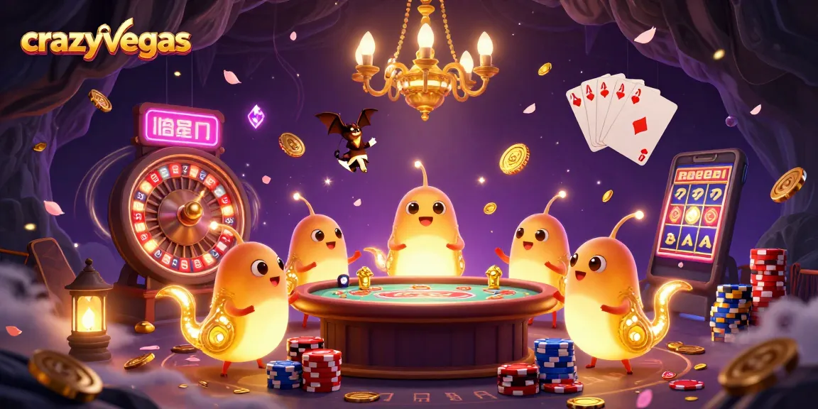Experience the thrill of gaming at crazyvegas with a vibrant casino scene featuring glowworms, golden coins, and a bat dealer.