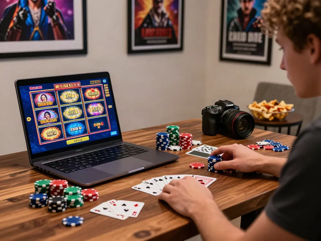 Engaging gaming experience at a casino not on gamstop uk with laptop, poker chips, and vibrant graphics.