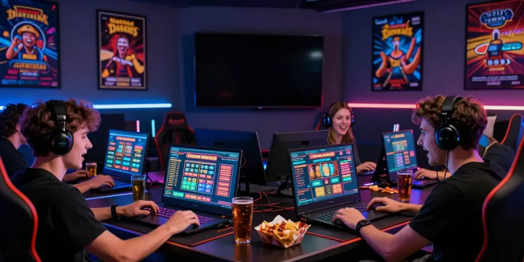 Players enjoying online casino games not on Gamstop UK in a vibrant gaming room.
