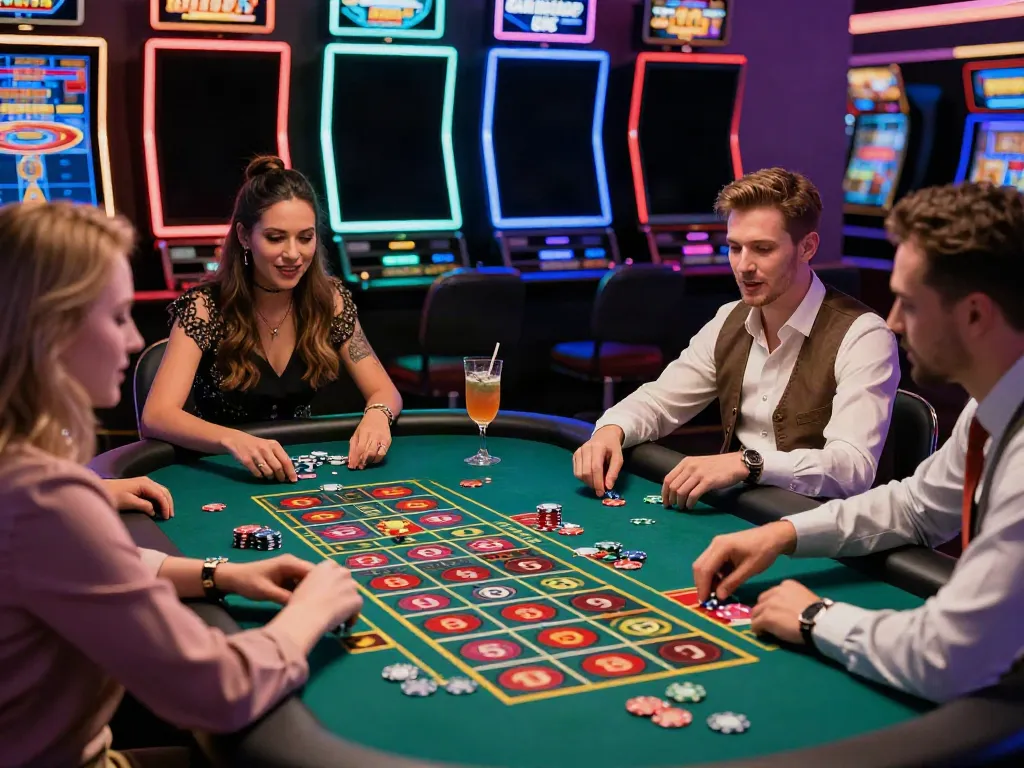 Exciting gaming atmosphere at a casino not on GamStop UK with diverse players engaging at a roulette table.