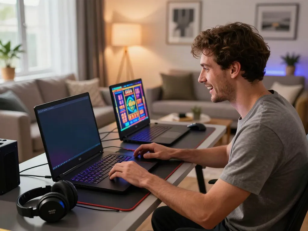 Player enjoying casino not on gamstop uk slots on a gaming laptop at home.