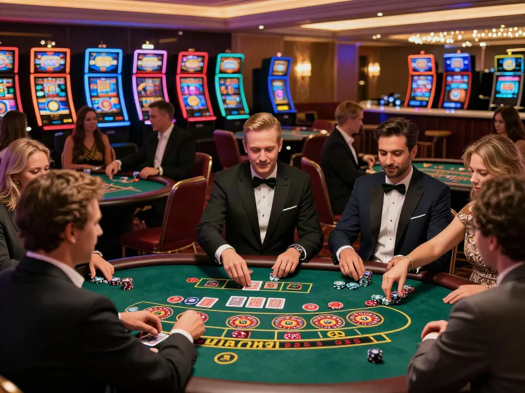 Players enjoying tables at a casino not on GamStop UK, with lively atmosphere and vibrant decor.