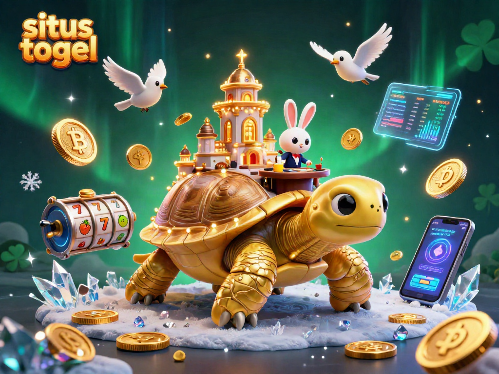Engage in situs togel with a vibrant scene of a golden tortoise casino, featuring a rabbit dealer and flying golden coins.