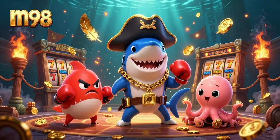 Engage with m98's vibrant online casino experience featuring a pirate shark, pufferfish, and an octopus.
