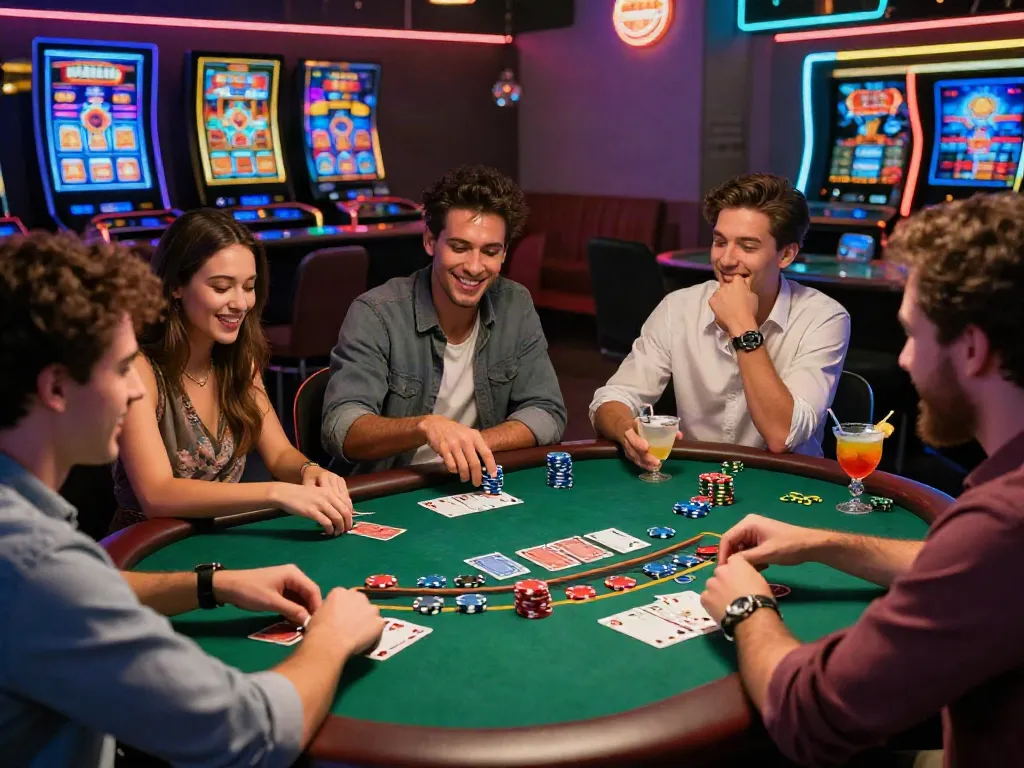 Group of friends enjoying a game at a casino not on gamstop uk, vibrant atmosphere with colorful chips.