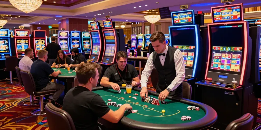Casino not on gamstop uk gaming floor with vibrant players and dealers in an exciting atmosphere.