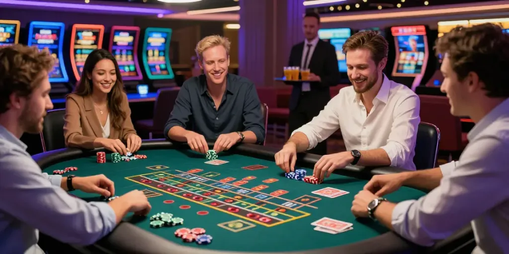 Casino not on GamStop UK scene with diverse players enjoying roulette and vibrant gaming atmosphere.