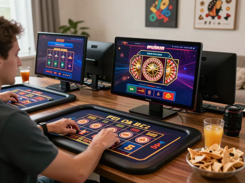 Exciting casino not on gamstop uk scene with player enjoying online slots and engaging graphics in a cozy environment.