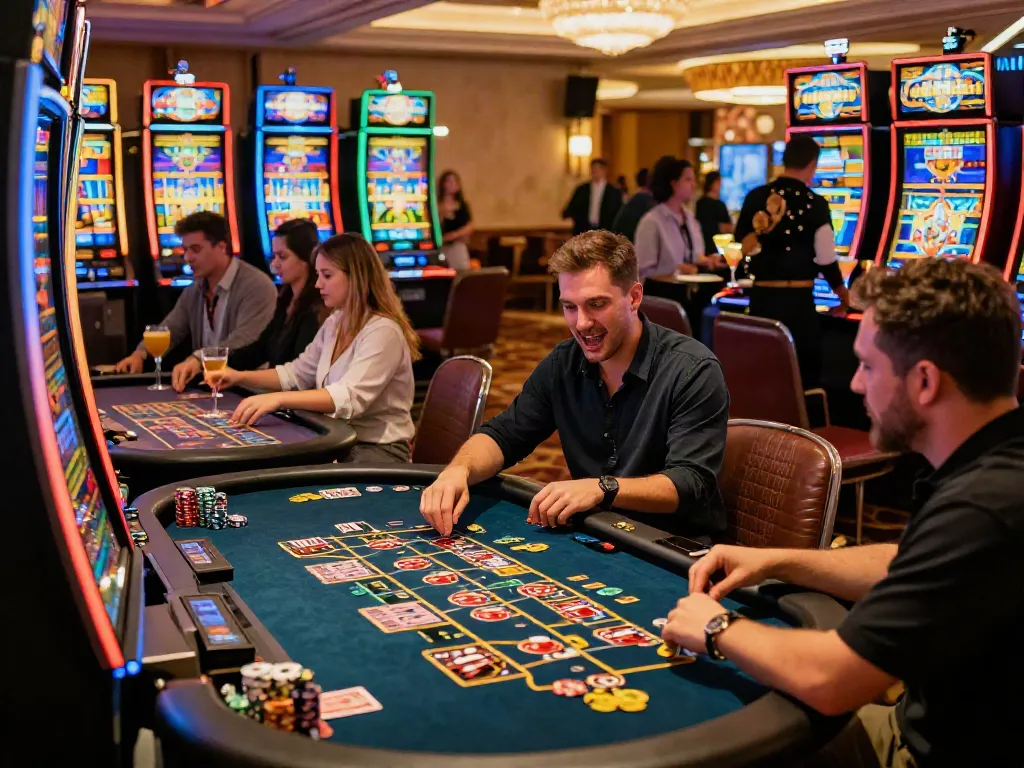 Casino not on Gamstop UK gaming scene with players at tables and vibrant atmosphere.