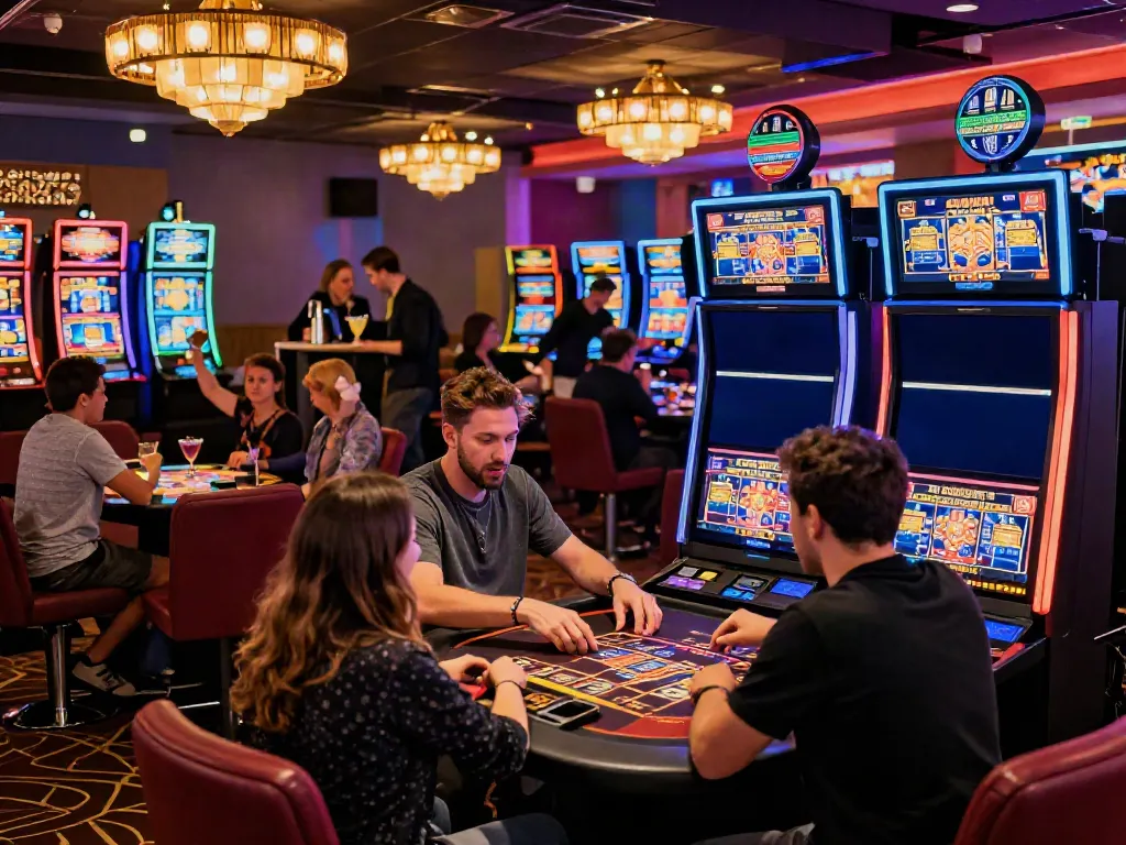 Exciting casino scene with players enjoying games at casinos not on GamStop UK, vibrant atmosphere of celebration.