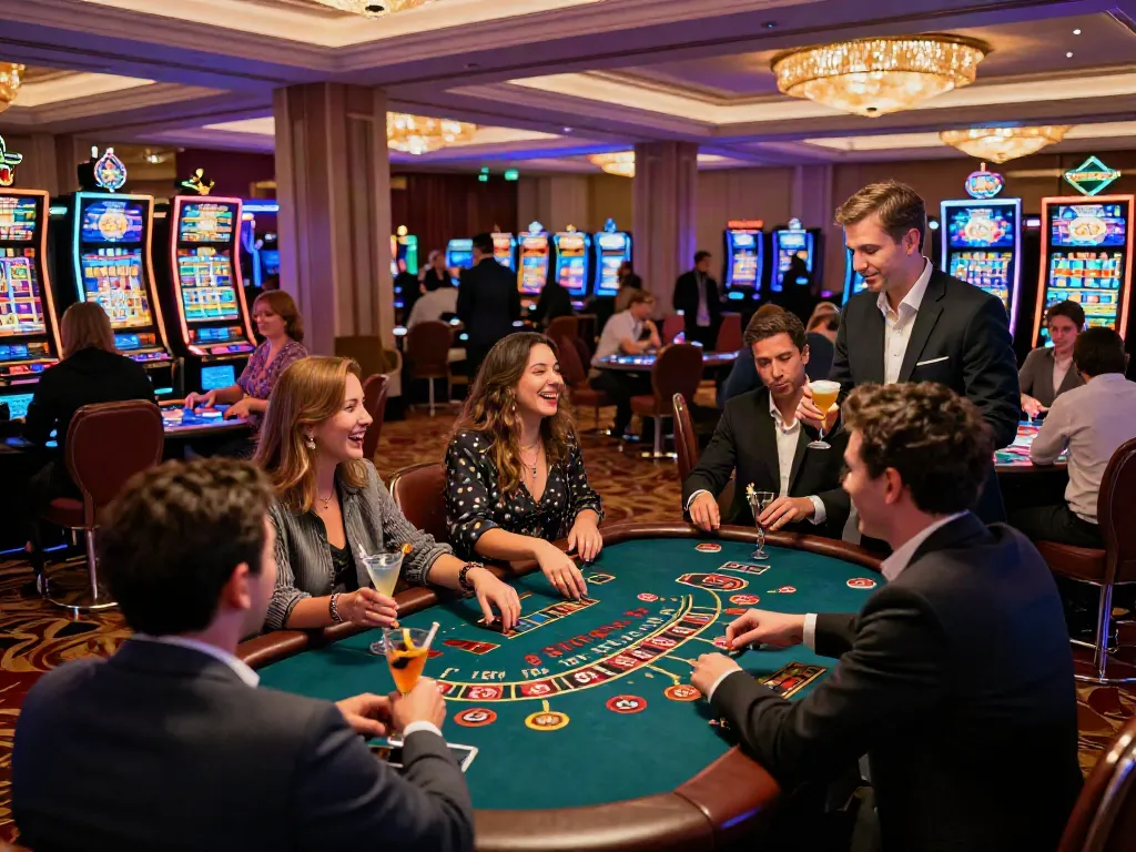 Energetic casino not on gamstop UK scene with joyful players at tables and slot machines.
