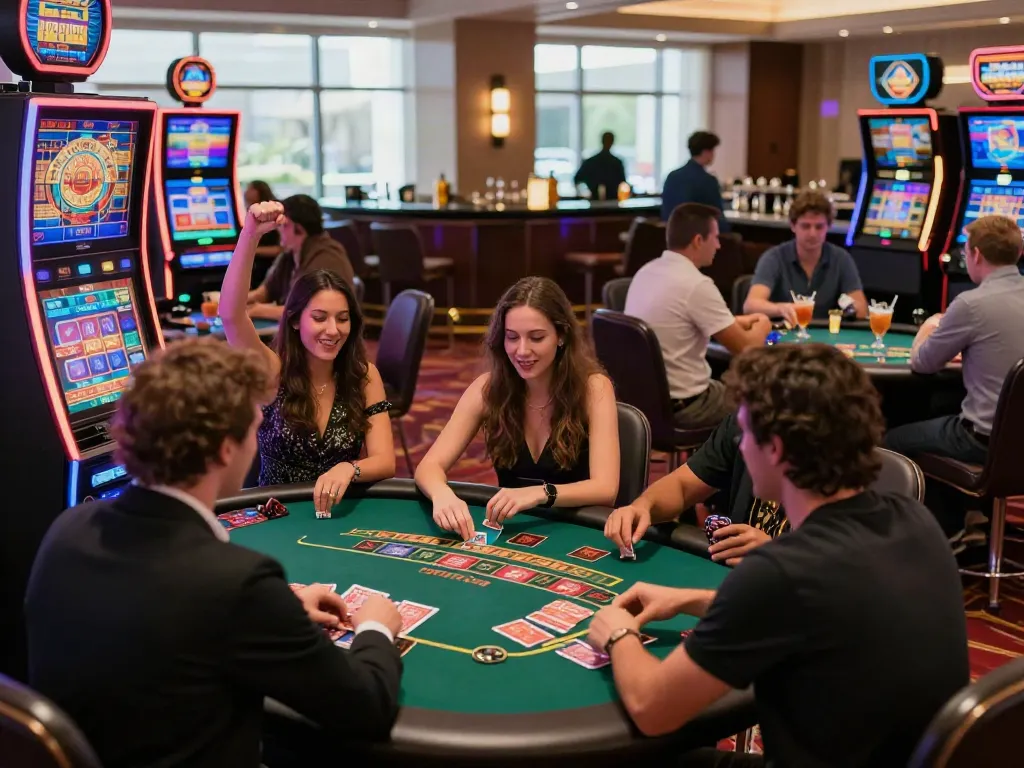 Casino floor with diverse players enjoying games at a casino not on GamStop UK, vibrant atmosphere.