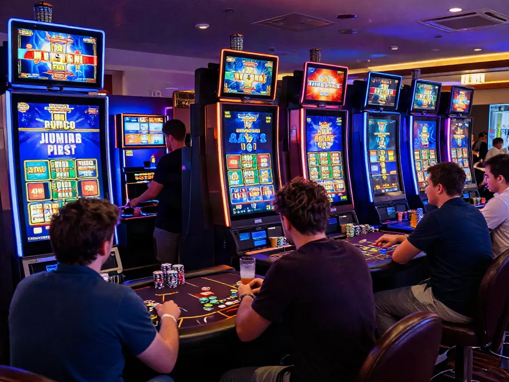 Players enjoying games at a casino not on GamStop UK with vibrant displays and a lively atmosphere.
