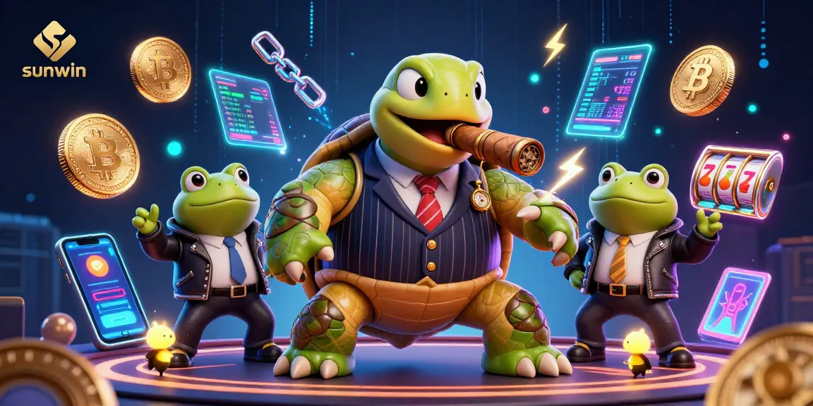 Engage in exciting gaming with sunwin's vibrant cartoon casino scene featuring a turtle mobster.