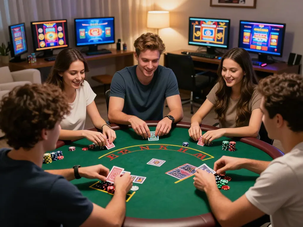 Casino not on GamStop UK players enjoying a lively blackjack game in cozy living room setting.