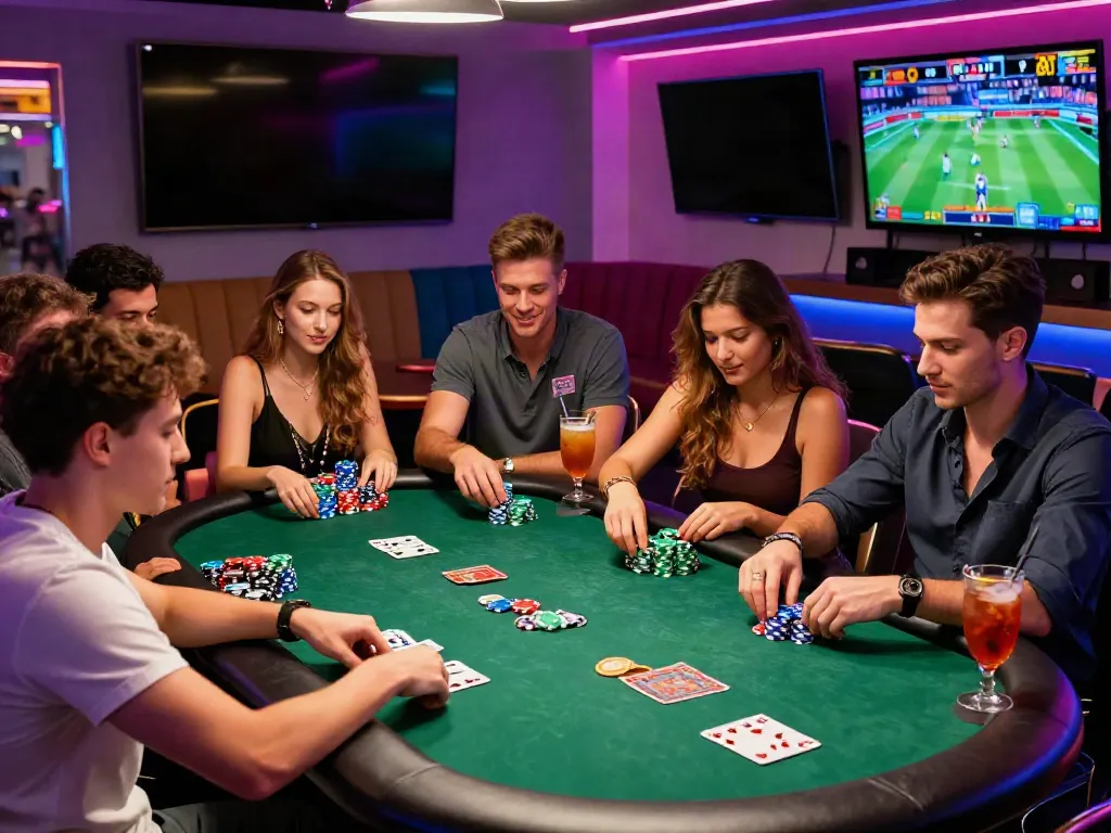 Exciting casino not on Gamstop UK scene with friends enjoying poker game.