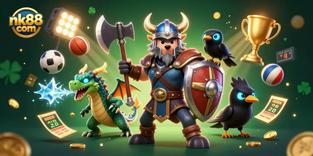 Engage in thrilling action with nk88 com, featuring a Viking wolf and dragon in an energetic casino setting.