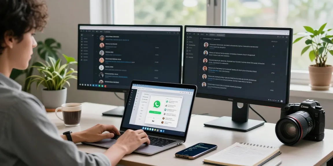 Using WhatsApp電腦版 on a laptop in a modern workspace with notifications and coffee.