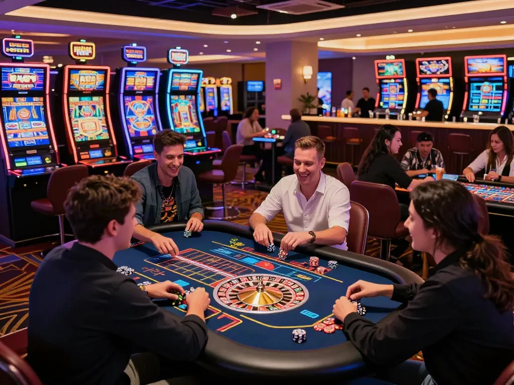 Casino not on Gamstop UK vibrant gaming atmosphere with players enjoying tables and slots
