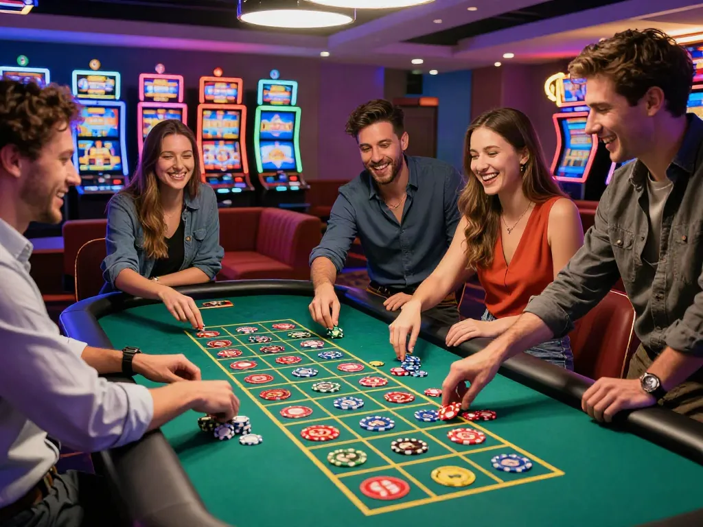 Group of friends enjoying a thrilling game at a casino not on gamstop uk, vibrant atmosphere with roulette table and neon lights.