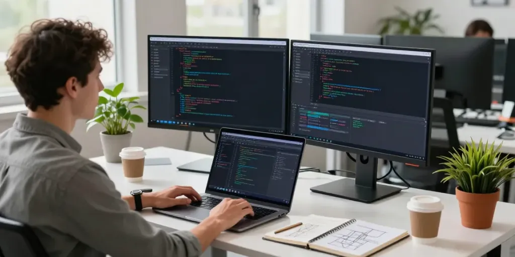 Software developer engaged in instant indexing tasks at a modern tech workspace.