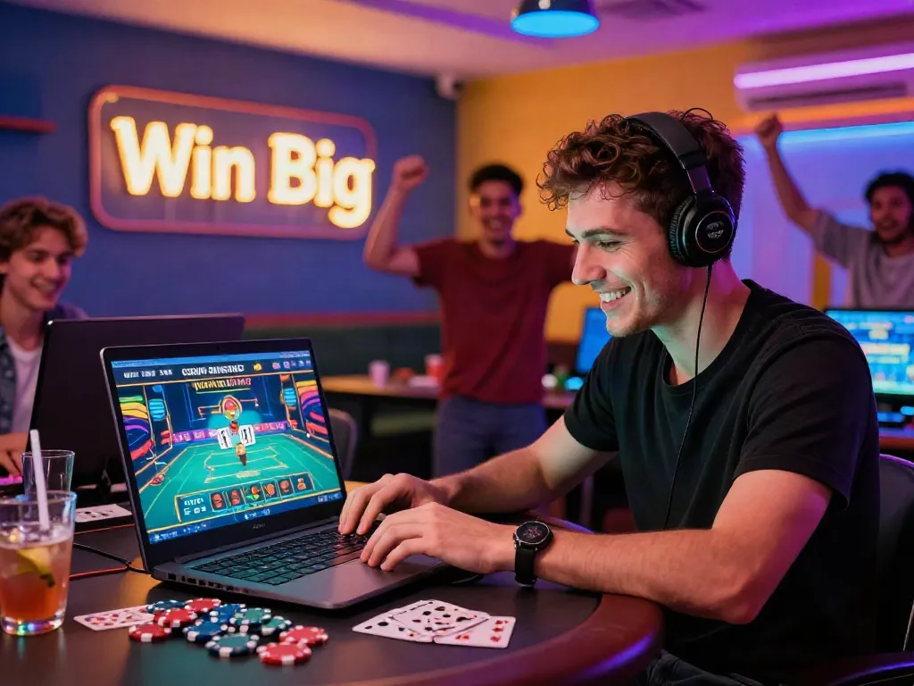 Engaging gamer enjoying a casino not on GamStop UK with colorful LED lights.