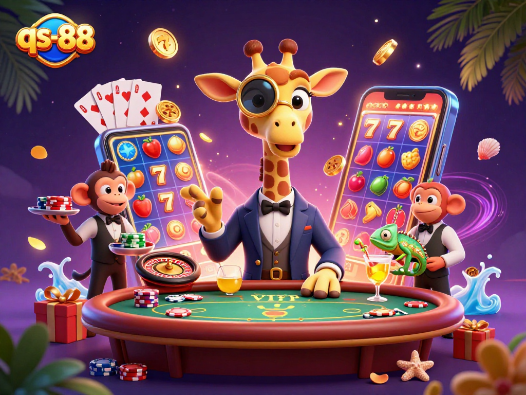 Experience the thrill of gaming with qs-88's vibrant casino scene featuring a high-roller giraffe and exotic characters.